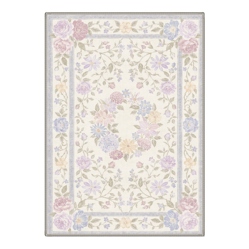 Tapis ivoire / lavande lavable à la machine avec envers antidérapant, Rectangle 9 pi x 12 pi