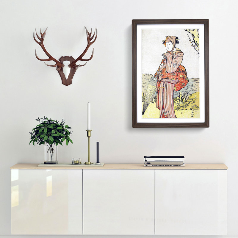 Standing Under a Plum Tree by Katsukawa Shunko - Framed Print, Walnut Framed, 36cm H x 27cm W x 2cm D