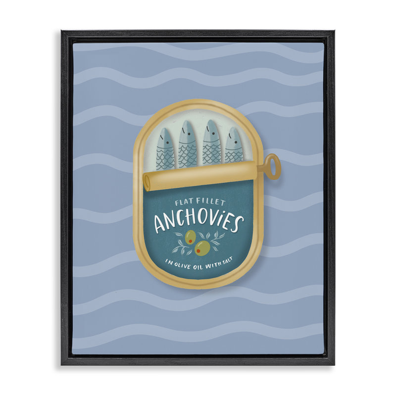 Cadre flottant d'anchois en conserve sur des vagues, design par Sandra Picco, H 21 po x l 17 po, Cadre flottant noir de jais