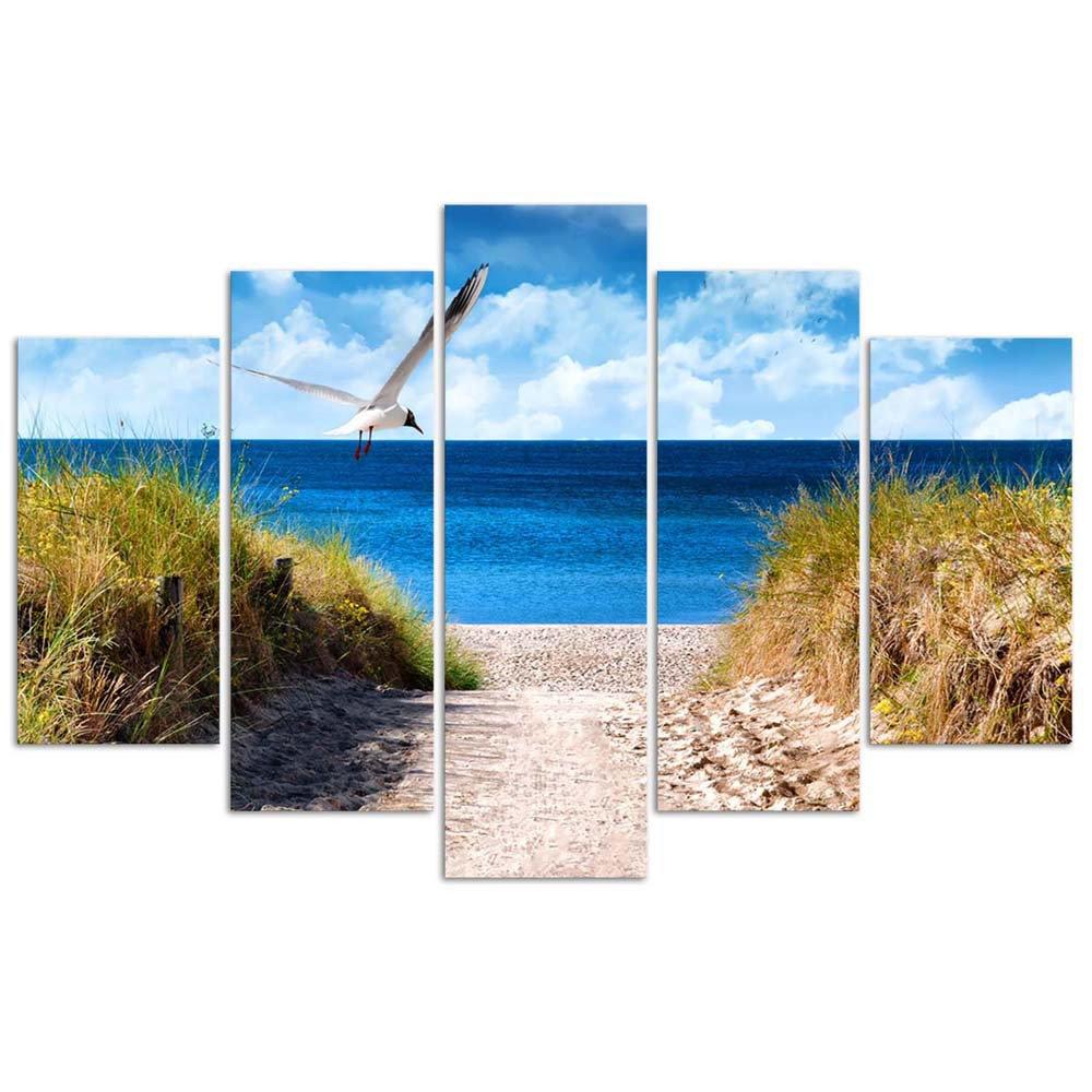 Leinwandbild 5 teilig, Landschaft Meer Strand Gras