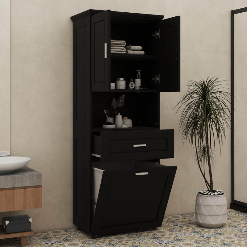 Armoire de salle de bain haute avec portes de panier à linge intégrées et section de rangement supérieure ouverte, Noir