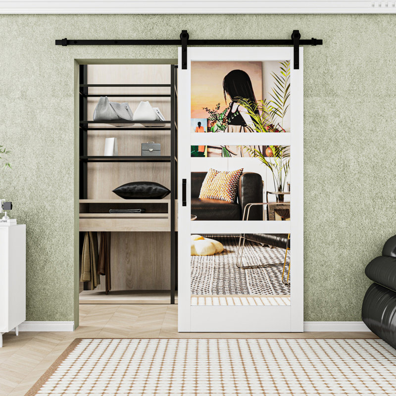 Double-sided  Glass Mirror and Solid Manufactured Wood Sliding Barn Door with Installation Hardware Kit, 36" x 84"