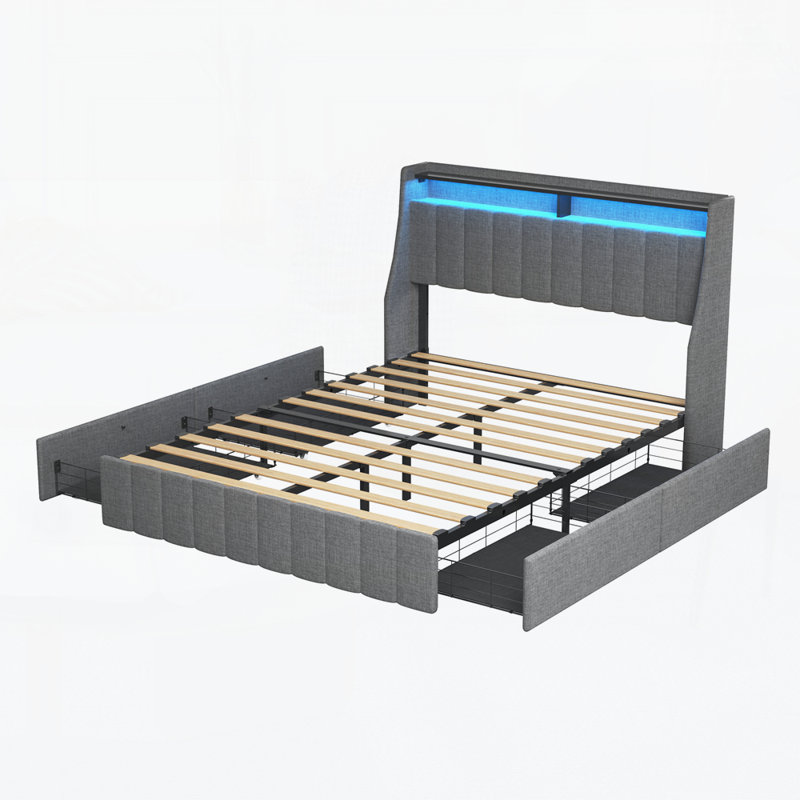 Bed Frame with LED, Wings Headboard Design, Light Gray, Full