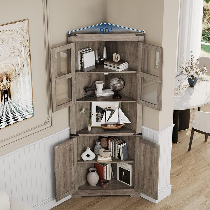 69" Tall Triangle Corner Cabinet with Glass Doors & Open Shelf, 6-Tier Space Saver Storage for Bathroom, Living Room, Kitchen, Hallway