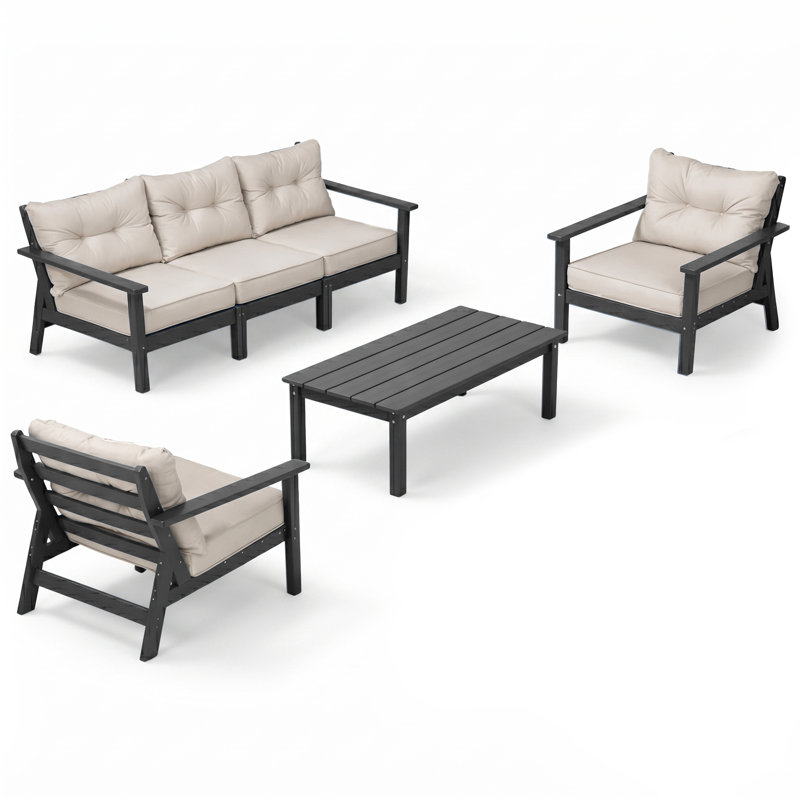 Ensemble de conversation d'extérieur en PEHD pour 5 personnes avec coussins, 4 pièces: table, canapé, 2 chaises, Gris
