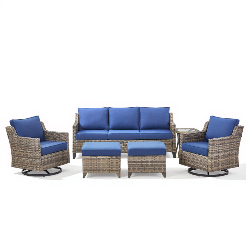 Maelie 6-Piece Outdoor Wicker Patio Conversation Set With Swivel Gliders, Ottomans ＆ Side Table, Blue