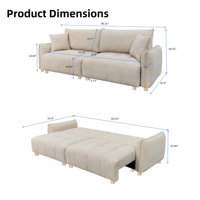 90.15" Queen size upholstered Multi-functional convertible sleeper sofa with storage, Beige