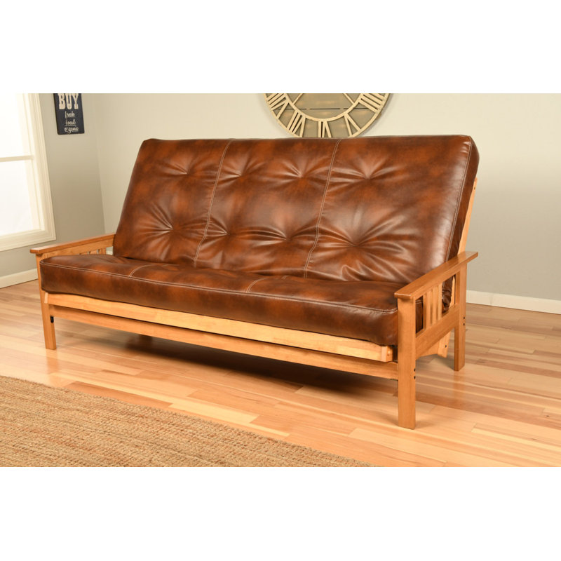 Futon avec matelas 86 po Stratford, Similicuir caramel piste de l’Oregon, Noyer cendré