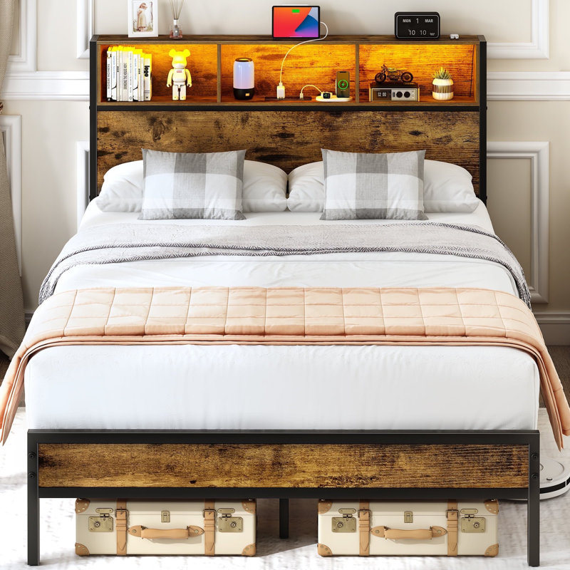 Yoobure Full Size Bed Frame With Headboard Metal Platform Bed With Led Lights And Charging Station,Wood Bed Frames With Footboard，Rustic Brown