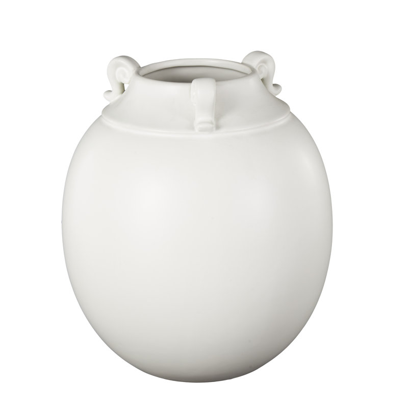 Zadah Ceramic Minimalistic Decorative White Vase with Scroll Handles