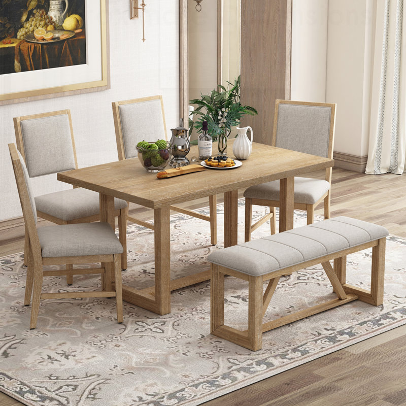 Ensemble de table de salle à manger 6 pièces avec base à tréteaux, idéal pour la cuisine et la salle à manger, alliant style classique et confort moderne.