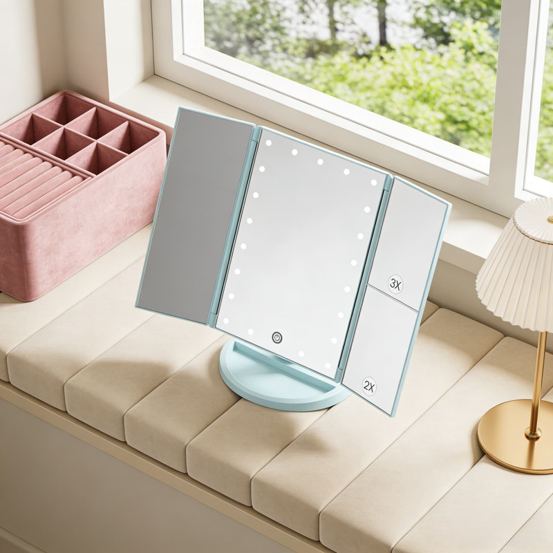 Miroir de maquillage lumineux avec grossissement 2X 3X 10X, contrôle tactile, conception à trois volets, double alimentation, 21 lumières DEL pour une application de maquillage précise