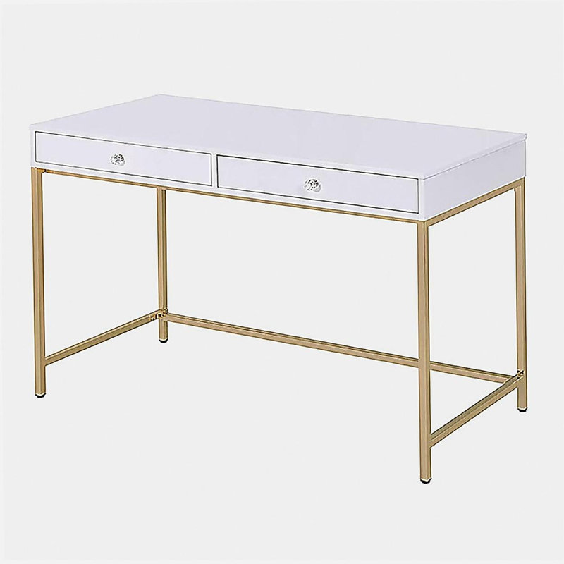 Bureau blanc à 2 tiroirs à bordure dorée blanc brillant, Blanc