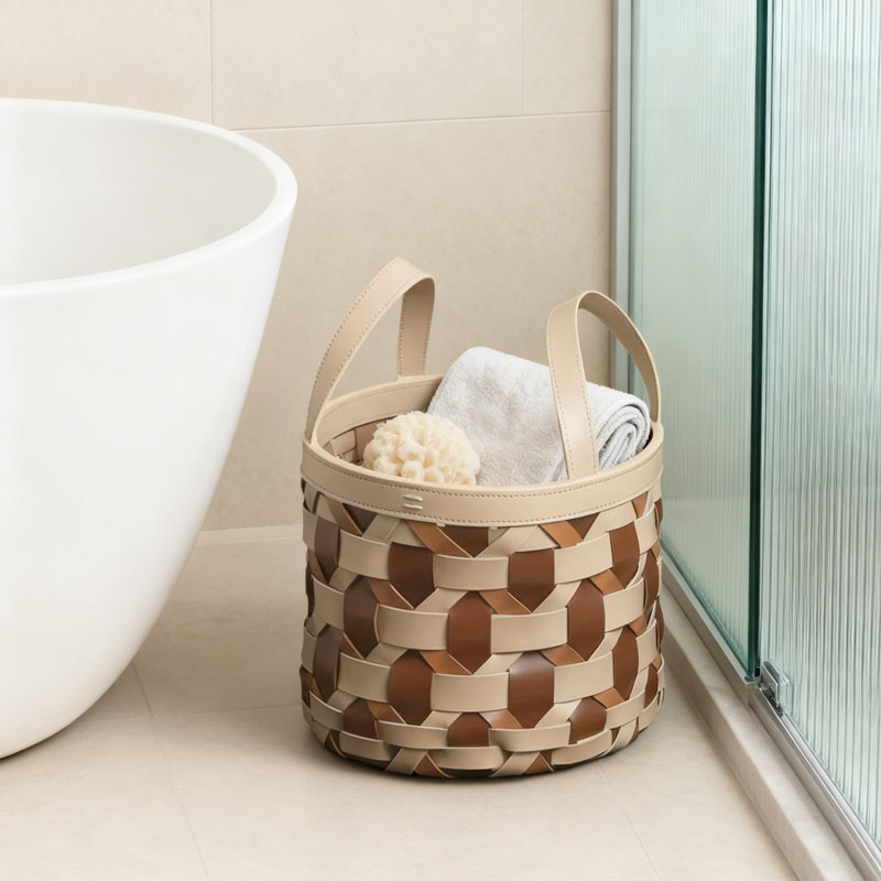 1Pcs,Handwoven Leather Laundry Basket - Stylish Storage Organizer With Durable Stitching And Trendy Color Block Design, Multi-Functional As A Fashionable Carryall