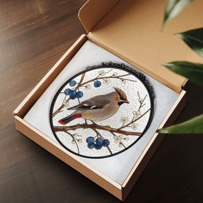 Bird Perched On Branch With Blue Berries And Stained Glass Panels Suncatcher for Window Decor