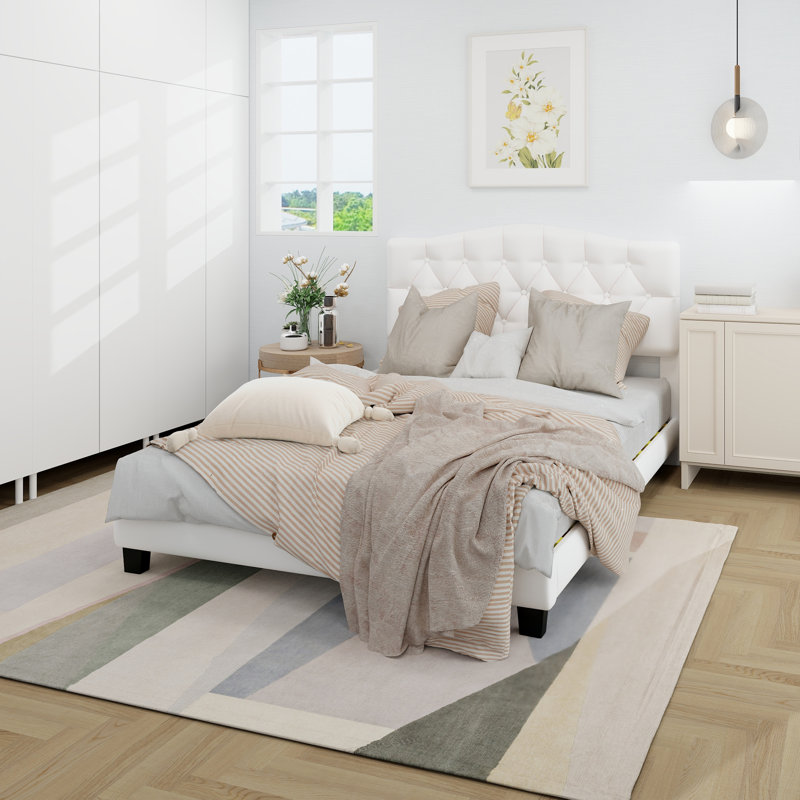 Upholstered Platform Bed with Saddle Curved Adjustable Headboard and Diamond Tufted Details,Wooden Slats and Metal Support, No Box Spring Needed, Beige