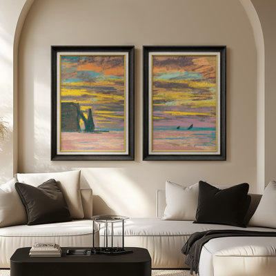 «Pastel Sunset Ocean Cliff Soft Abstract Seascape», ensemble de 2 reproductions d'art encadrées de qualité supérieure sur papier 26 po x 36 po