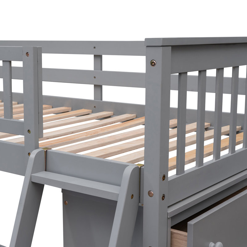 Lit superposé en bois gris avec lits simples superposés, six tiroirs et fond amovible avec motifs de tablettes de rangement réglables