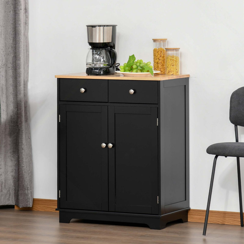 Buffet de cuisine moderne avec comptoir en bois massif, 2 tiroirs et tablette réglable, Noir