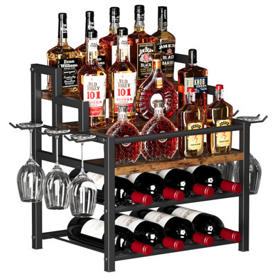 5-Tier Liquor Bottle Display Shelf, Holds up to 20 Bottles, Countertop Wine Racks with 6 Wine Glass Holders, Mini Wine Bar Cabinet for Home, All in On