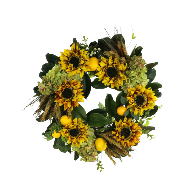 26" Fall Wreath With Sunflowers, Hydrangeas And Lemons