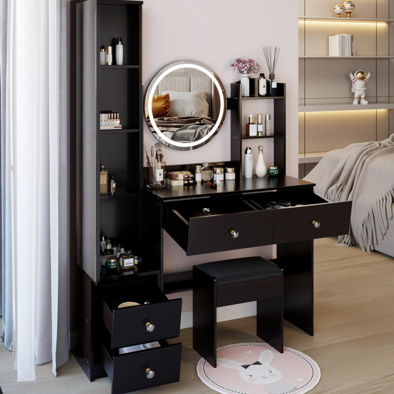 Table de meuble-lavabo 3 lumières à DEL réglable avec contrôle tactile, avec armoire à miroir pleine grandeur et tabouret rembourré, conception de style américain, matériau noir, 42,92 po de profondeur, 13,83 de largeur,