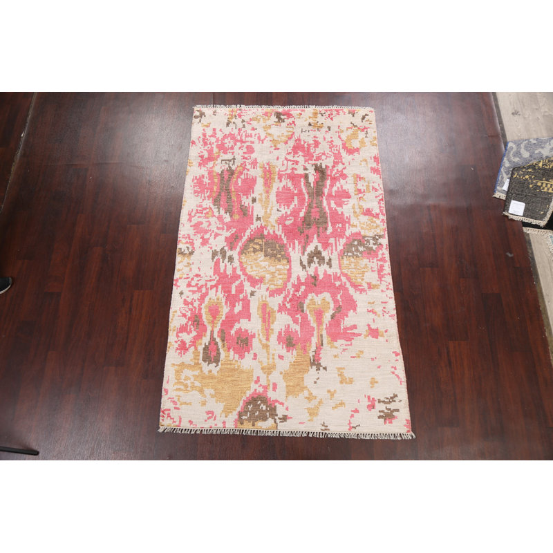 Tapis crème / rose noué à la main de conception unique 4 pi 8 po x 7 pi 9 po New Age