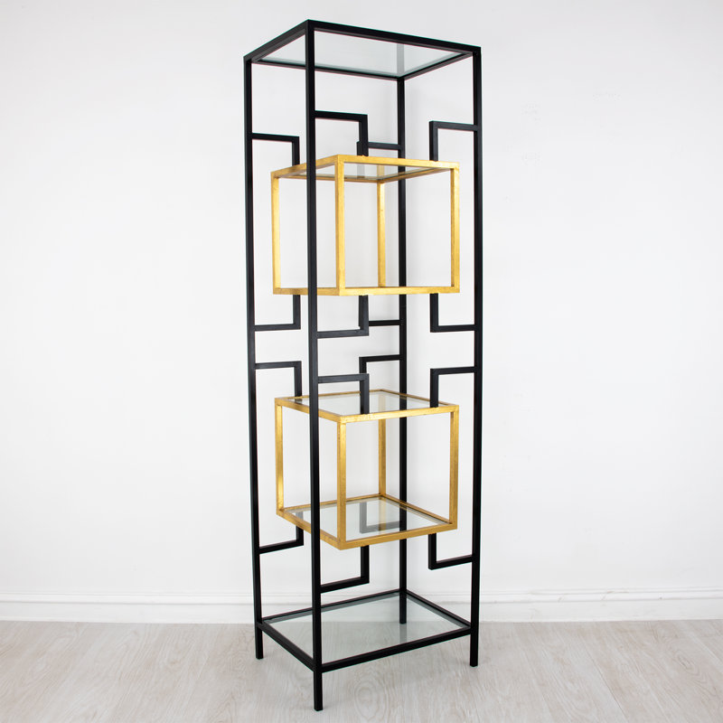 Bullani Geometric Bookcase, (5 Shelves) 80" H x 24" W x 18" D, Black/Gold