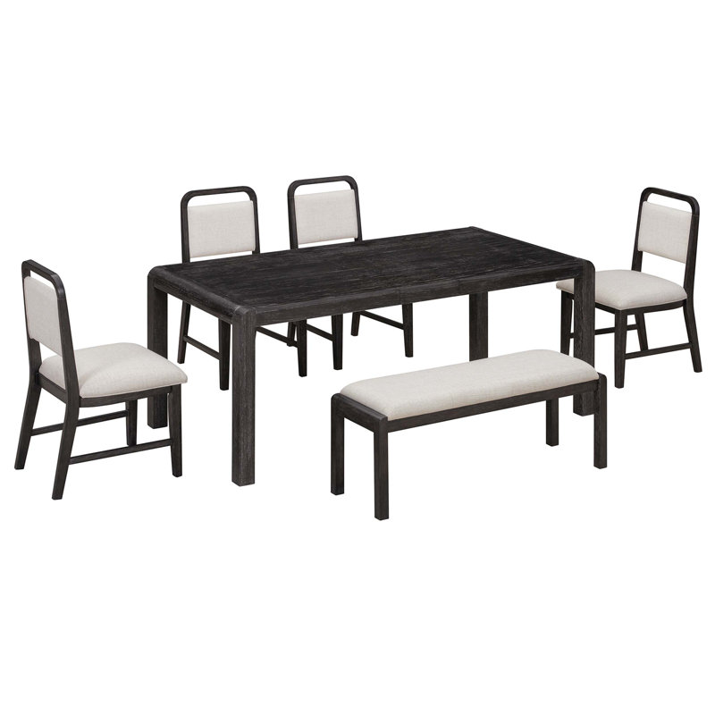 Ensemble de salle à manger extensible 6 pièces avec chaises rembourrées et banc pour une utilisation polyvalente et peu encombrante.