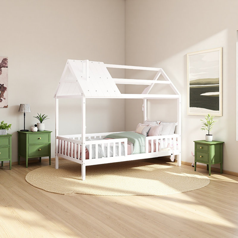 Lit simple en bois avec clôture, Blanc