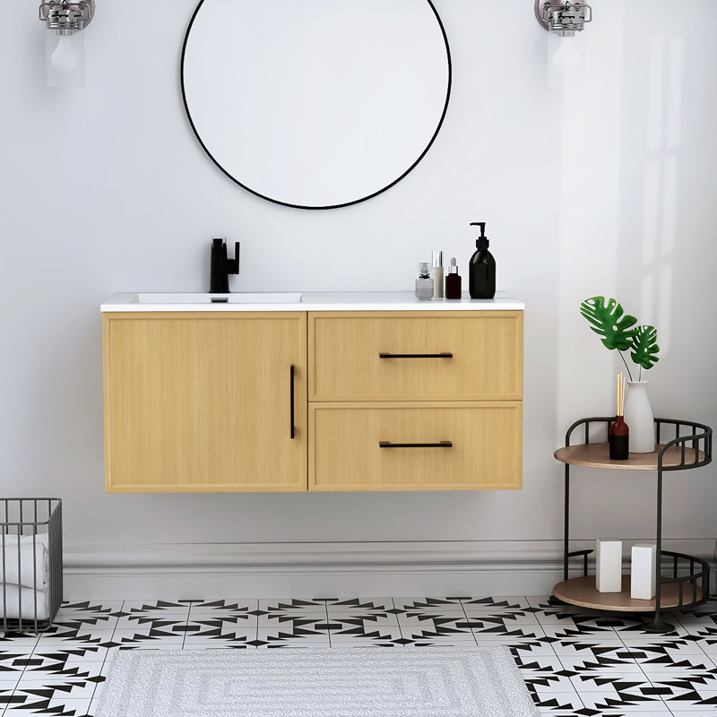 Razza 42" Single Wall Mounted Bathroom Vanity with Cultured Marble Top and Integrated Sink, Natura, Black