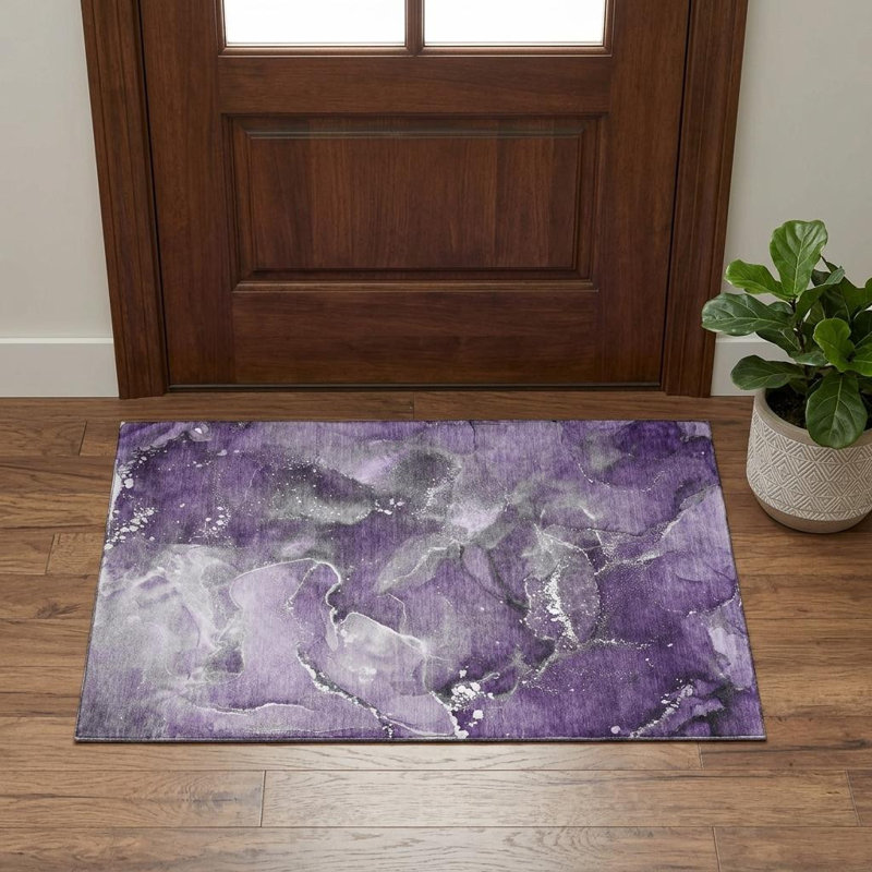 3' X 5' Purple And Ivory Abstract Washable Area Rug With UV Protection