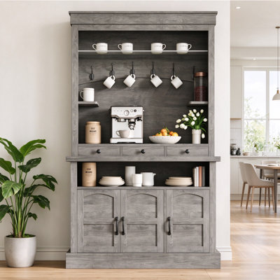 Meuble-bar à café de style ferme de 183 cm avec tablette et 6 crochets | Garde-manger avec 3 tiroirs, tablette en verre et tablettes ajustables – Ensemble anti-basculement inclus
