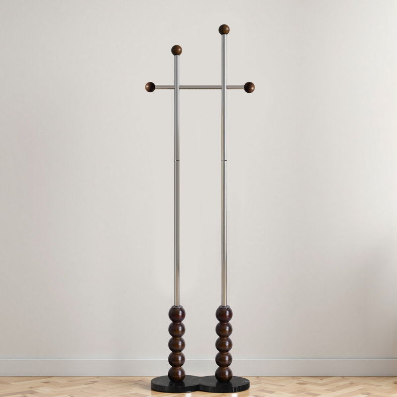 Freestanding Coat Rack With Stainless Steel Double Rods & Marble Base & Solid Wood End, Gray