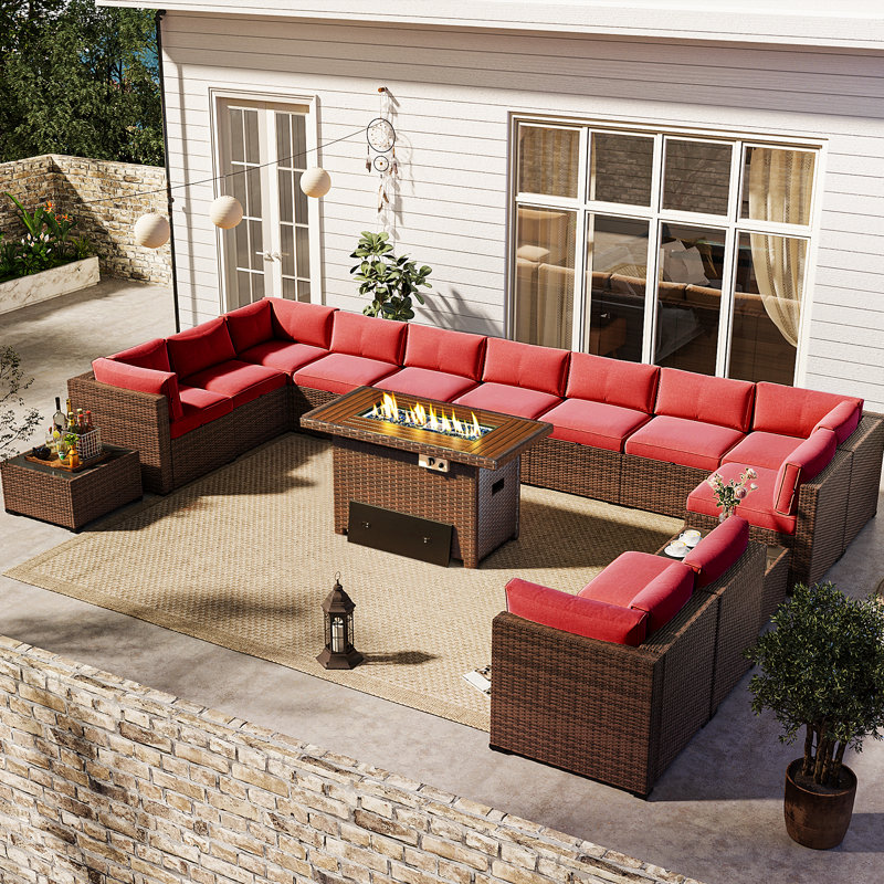Tomijs 15 Piece Rattan Sofa Seating Group with Fire Fit Table, Red, Gray