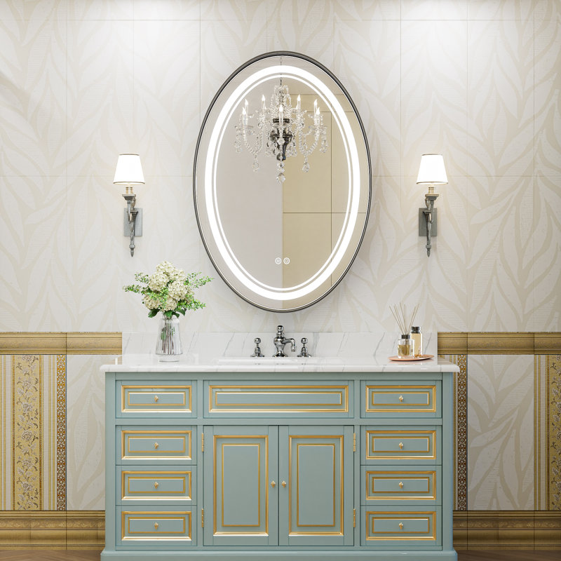 Vinia Oval LED Lighted Bathroom Vanity Mirror Dimmable and Anti-Fog Wall Mirror, Black, 36" x 24"