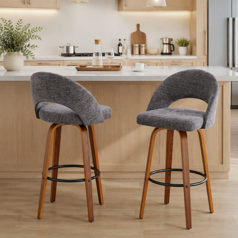 Tabouret de bar à hauteur fixe en bois de noyer et tissu gris foncé avec repose-pieds rond en métal noir - ensemble de 2