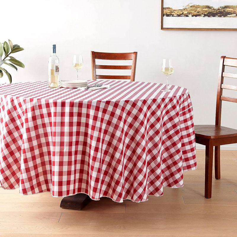 Joice Gingham Round Tablecloth, White and Red, 108" Round