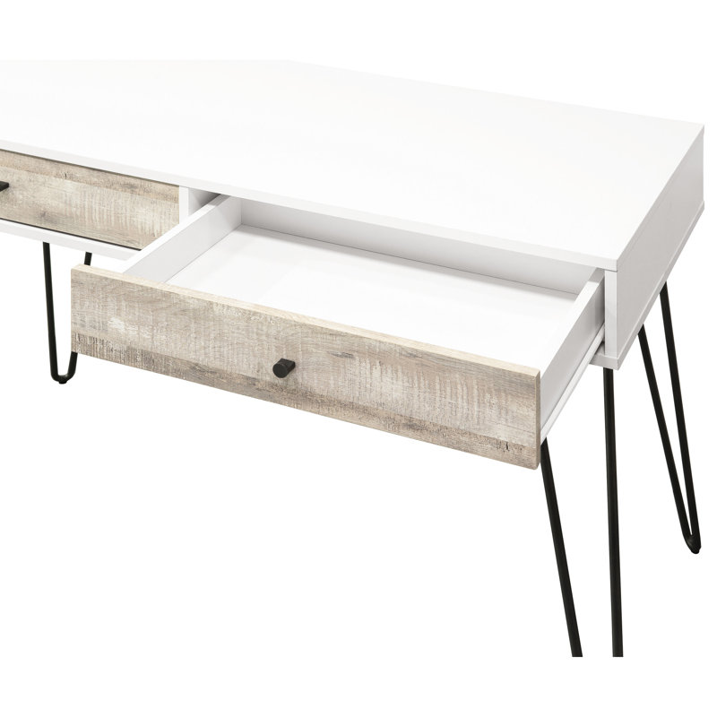 Bureau taupe avec 2 compartiments de rangement et détails métalliques - Table de lecture en chêne avec tiroirs, gain de place pour les espaces de travail optimisés