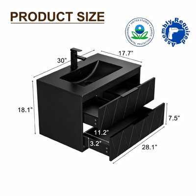 Meuble-lavabo mural simple et moderne de 76 cm (30 po) avec comptoir, robinet et drain intégrés, armoire de salle de bain suspendue peinte, tiroirs à fermeture douce, certifié EPA