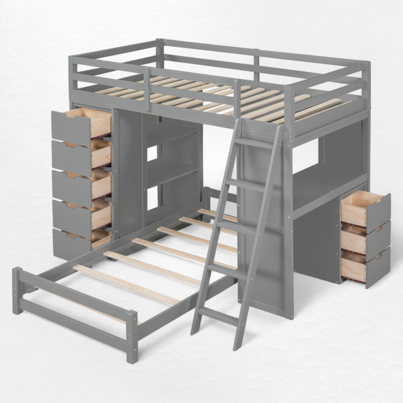 L - Shape Twin Over Twin Bunk Bed With Built-In Desk And Storage, Gray