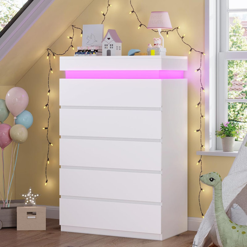 Tall 5 Drawer Dresser With Led Light, White