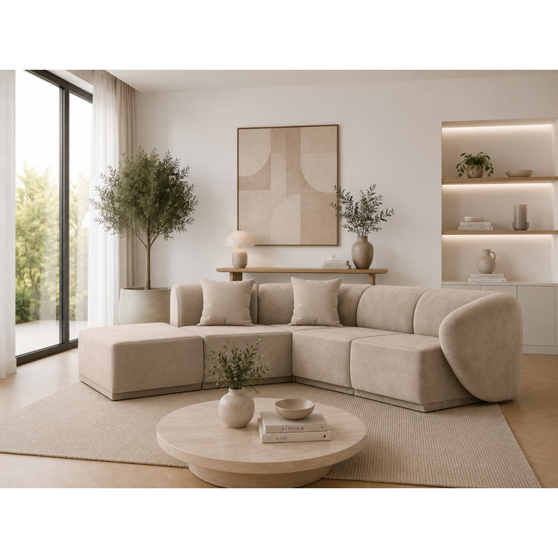 5 Seater Velvet Sofa & Chaise, Left Hand Facing, Warm Beige Velvet