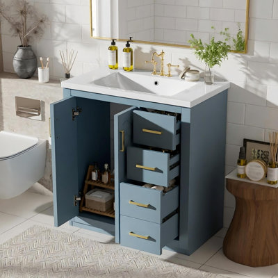 Ensemble de meuble-lavabo 30 po avec lavabo en céramique, armoire de rangement en bois massif, ensemble de meuble-lavabo autoportant avec 3 tiroirs et portes à fermeture douce