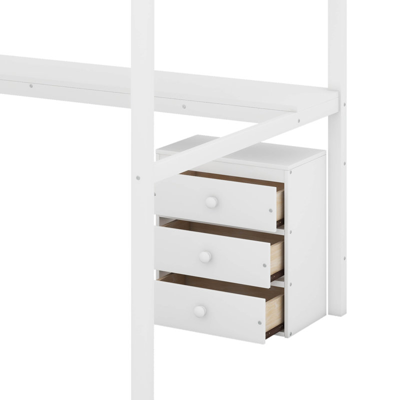 Lit mezzanine double avec commode, bureau et bande lumineuse, Lit double, Blanc