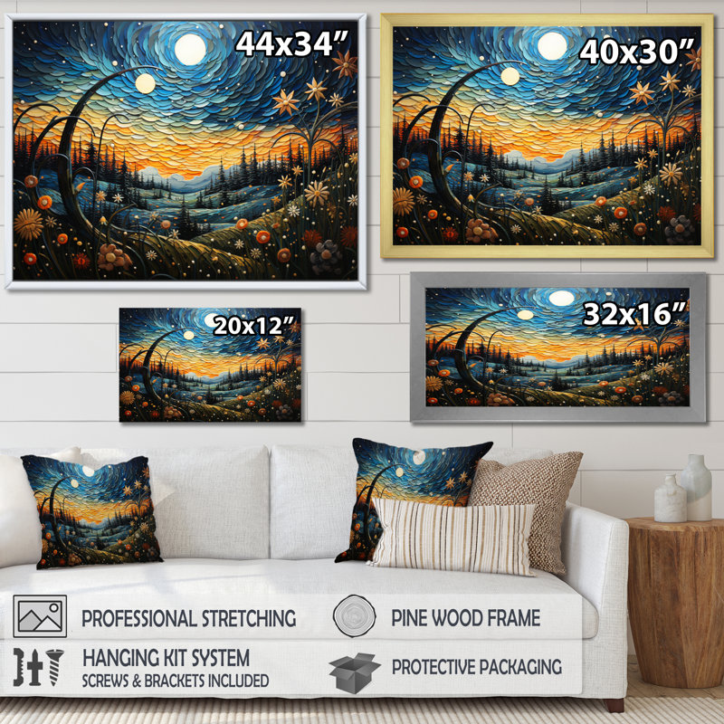 Meadow Bold Horizon Pointillism - Landscapes Wall Art Living Room, H 16 po x l 32 po, Cadre flottant blanc