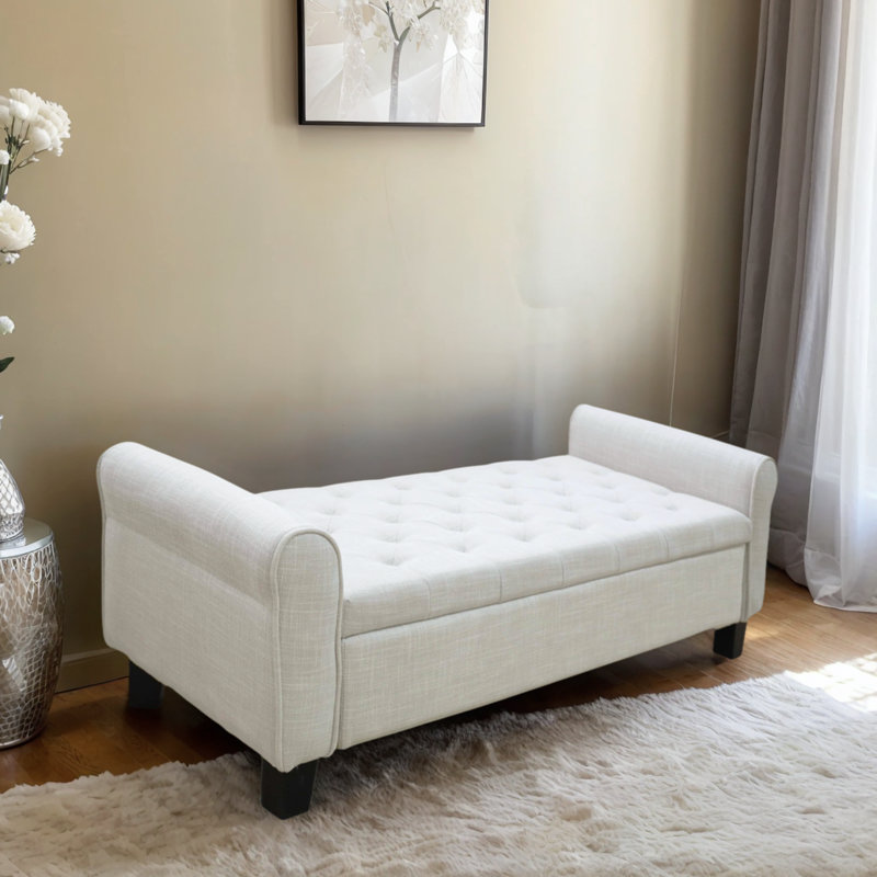 Upholstered Storage Bench End of Bed, Beige, Linen