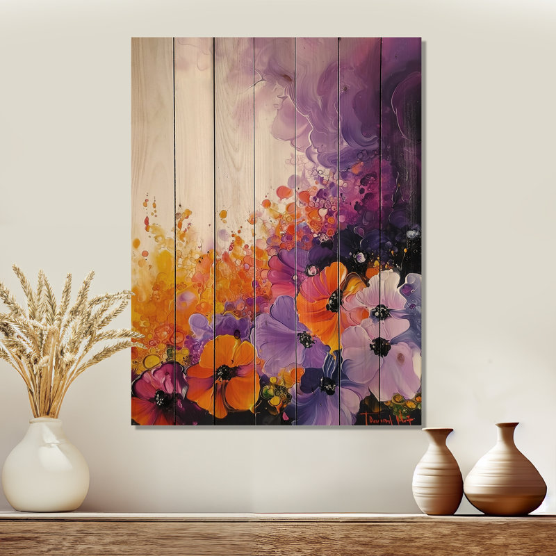 Décoration murale Fractal Bloom Poppy Gardens II - Coquelicots sur bois de pin naturel, H 20 po x l 10 po x P 0,78 po