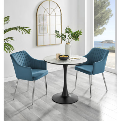 Ellis White Marble Effect Melamine Round Dining Table Set with 2 Luxury Modern Velvet Dining Chairs