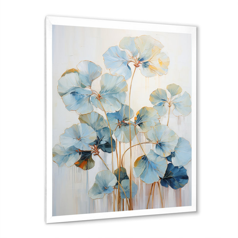 Geraniums dorés bleus II - impression, Cadre simple blanc, H 32 po x l 16 po x P 1 po